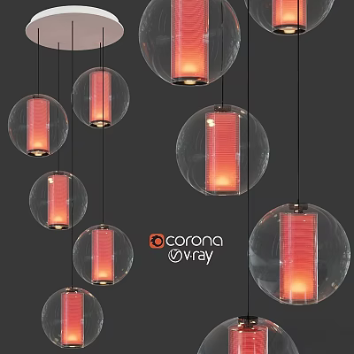 Modern Transparent Spherical Hanging Chandeliers With Red Light And Sleek Design 3d model