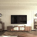 Elegant Wooden TV Stand With Lattice Doors Side Cabinets And Wall Sconces In Living Room Interior