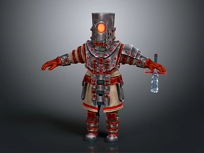 Steampunk Armored Character With Metal Helmet Orange Glowing Eye And Holding Glass Bottle 3d model