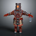 Steampunk Armored Character With Metal Helmet Orange Glowing Eye And Holding Glass Bottle