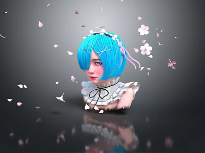 Blue Haired Character With White Outfit Surrounded By Butterflies And Cherry Blossom Petals 3d model