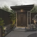 Traditional Chinese Courtyard Garden Entrance With Black Gate Bamboo And Rockery Water Feature