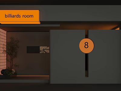 Billiards Room Interior Design With Orange Number 8 Sign Plant And Decorative Painting 3d model
