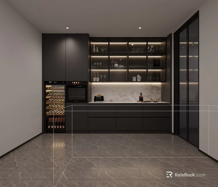 Modern Black Kitchen With Wine Rack Glass Front Cabinets And Marble Countertop 3d model 