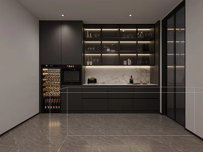 Modern Black Kitchen With Wine Rack Glass Front Cabinets And Marble Countertop 3d model