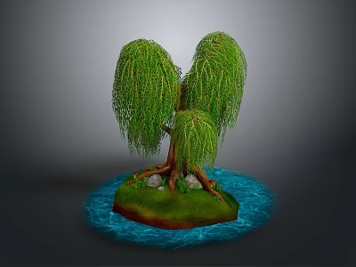 Weeping Willow Tree Featuring Green Drooping Branches On Island Surrounded By Water And Small Rocks 3d model