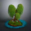 Weeping Willow Tree Featuring Green Drooping Branches On Island Surrounded By Water And Small Rocks