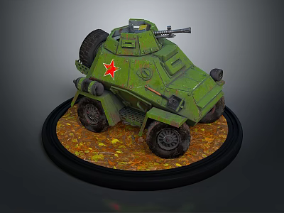 Green Tank Model with Red Star Four Wheels on Black Circular Base and Autumn Leaves 3d model