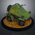 Green Tank Model with Red Star Four Wheels on Black Circular Base and Autumn Leaves