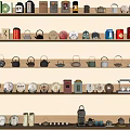 Various Tea Wares Displayed On Multi Layer Shelves With Teapots Cups And Canisters