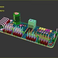 Blue Electronic Circuit Board With Black Capacitor Green Connector And Colored Pins
