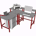 Office Desk with Red Legs Gray Top and Cabinet Phone Printer Computer Keyboard