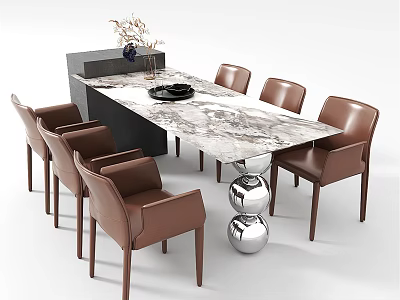 Luxurious Marble Dining Table Set With Brown Leather Chairs And Metal Decorative Base 3d model