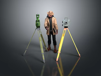 Surveying Instruments On Tripods With Surveyor In Trench Coat And Hat 3d model