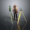 Surveying Instruments On Tripods With Surveyor In Trench Coat And Hat