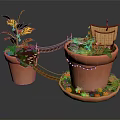 Whimsical Cartoon Scene Featuring Clay Pots Small Bridge Smiley Face Plants Wooden House and Pumpkins