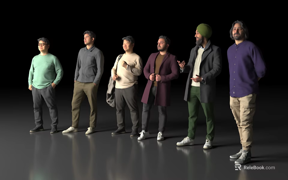 Group of Men Standing Together With Various Outfits And Different Poses On Neutral Background 3d model 