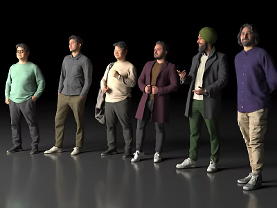 Group of Men Standing Together With Various Outfits And Different Poses On Neutral Background 3d model