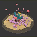Green Cactus Surrounded by Pink Cubes and Floating Spheres on Sandy Ground