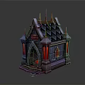 Castle Style Building With Golden Spires Black Roof Red Accents And Arched Doorway