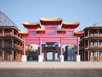 Ancient Architecture Classic Red Archway With Traditional Roof And Flying Eaves 3d model