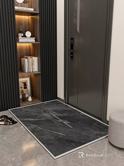 Modern Interior With Black Hinged Door Wooden Bookshelf Decor And Marble Pattern Mat 3d model 