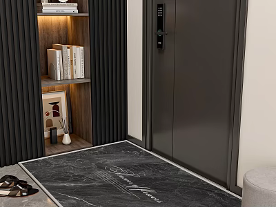 Modern Interior With Black Hinged Door Wooden Bookshelf Decor And Marble Pattern Mat 3d model