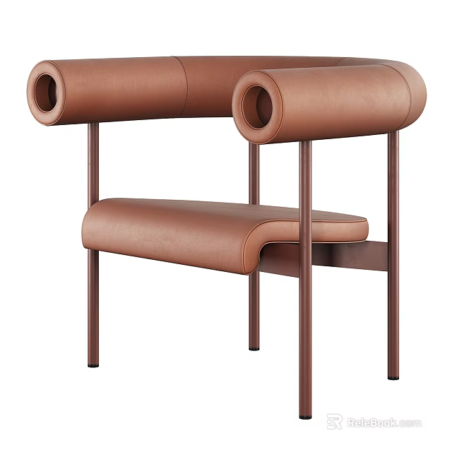 Stylish Modern Brown Leather Leisure Chair With Tubular Armrests And Metal Legs 3d model 