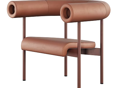 Stylish Modern Brown Leather Leisure Chair With Tubular Armrests And Metal Legs 3d model