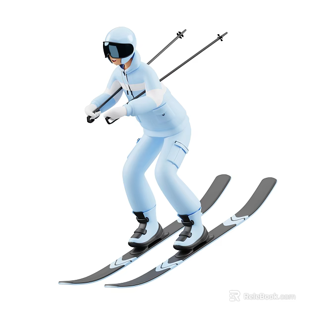 Dynamic Game and Movie Character Skiing in Light Blue Suit With Helmet Goggles 3d model 