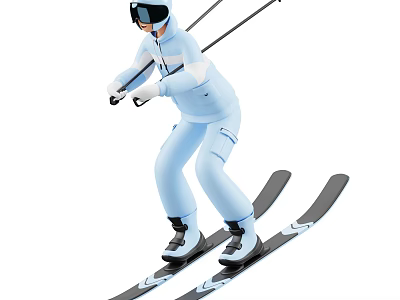 Dynamic Game and Movie Character Skiing in Light Blue Suit With Helmet Goggles 3d model