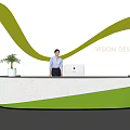 Professional Reception Desk With Friendly Receptionist Computer Green Plant And Curved Yellow Wall Design Elements