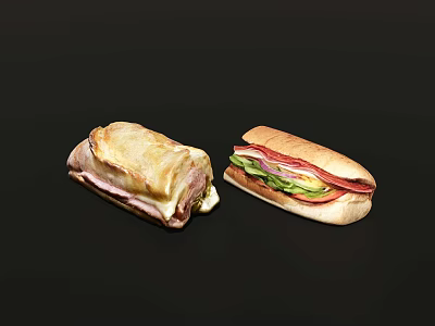 Two Delicious Sandwiches With Ham Cheese Lettuce Tomato And Fresh Fillings 3d model