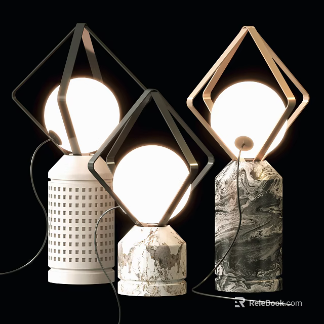 Modern Table Lamps With Geometric Frames Round Bulbs And Textured Bases 3d model