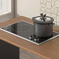 Modern Induction Cooktop On Wooden Countertop With Pot Lid Window Blinds And Geometric Wall Decor