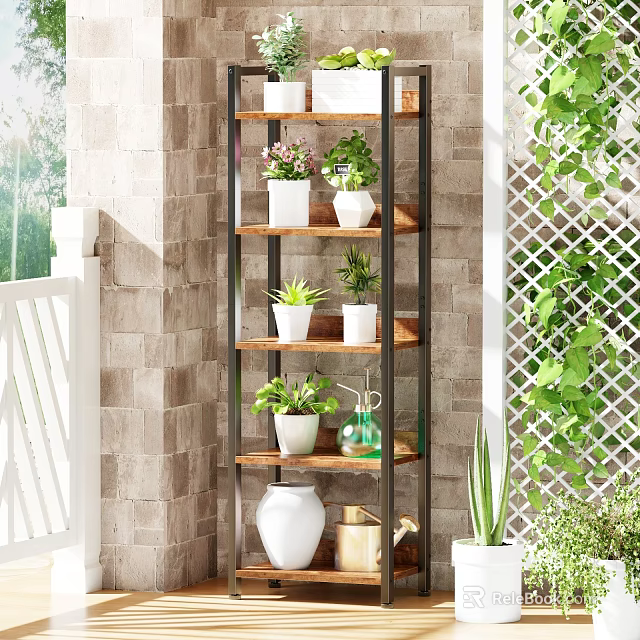 Outdoor Multi Tiered Plant Shelf With Potted Greenery And Decorative Vases 3d model 