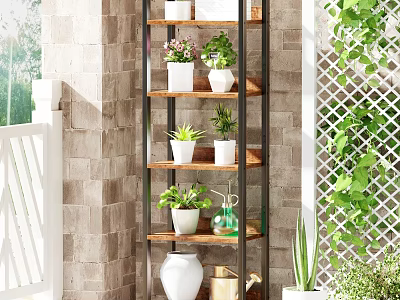 Outdoor Multi Tiered Plant Shelf With Potted Greenery And Decorative Vases 3d model