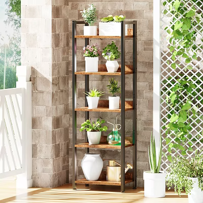Outdoor Multi Tiered Plant Shelf With Potted Greenery And Decorative Vases 3d model
