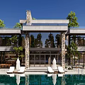 Modern Detached Villa With Large Windows Stone Wall Swimming Pool Surrounded By Trees