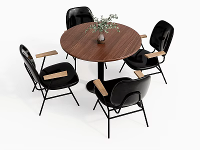 Round Walnut Dining Table With Black Chairs Wooden Armrests And Metal Legs 3d model