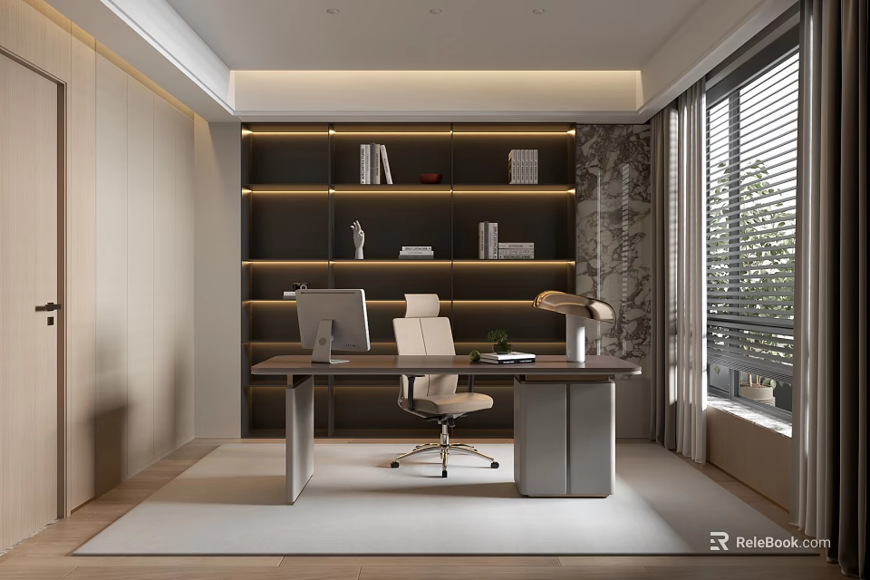 Modern Study Room Interior Design With Desk Chair Bookshelf Table Lamp And Window Blinds 3d model 