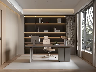 Modern Study Room Interior Design With Desk Chair Bookshelf Table Lamp And Window Blinds 3d model