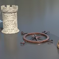 Vintage Medieval Decorative Scene With Castle Tower Helmet Compass And Hourglass