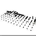 Various Black Weapon Parts Scattered on White Background