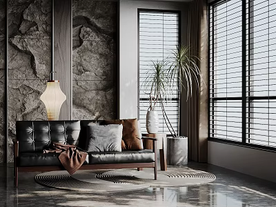 Black Leather Leisure Chair With Gray Brown Cushions Stone Wall Shutters And Green Plant 3d model