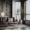 Black Leather Leisure Chair With Gray Brown Cushions Stone Wall Shutters And Green Plant