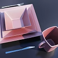 Stylish Pink Square Dinnerware Set with Stacked Plates Bowls Mug and Silver Fork Spoon 3d model