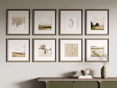 Wall With Framed Artworks And Sideboard Decorations 3d model