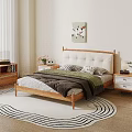 Cozy Double Bed With Wooden Frame White Upholstered Headboard Modern Bedding Nightstands And Wall Art