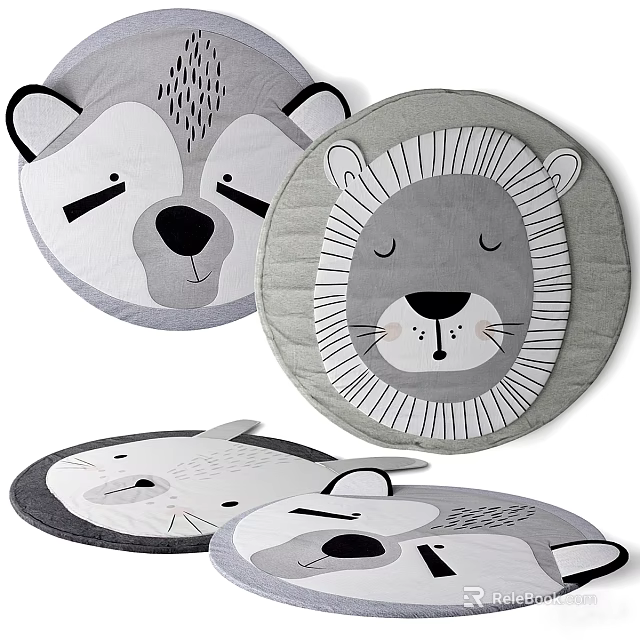 Cute Round Rugs With Lion And Wolf Faces In Gray White Design For Kids Room 3d model 
